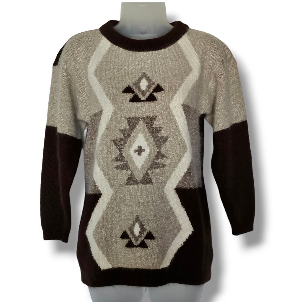 Vintage Sweater Size S Angora Lambswool Silk Southwestern Brown Cream 3/4 Sleeve